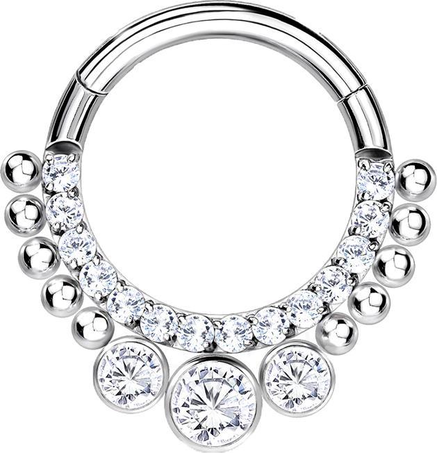 Star Piercing Micro Segmentring klappbar silber front Kristalle mit Kugeln und drei grosse Kristallen (Titan G23, ohne Messing)