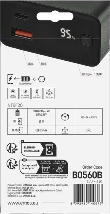 Produktbild Emos Powerbank NTBF20, 20 000 mAh, 65 W PD, schwarz (20000 mAh, 65 W, 74 Wh)