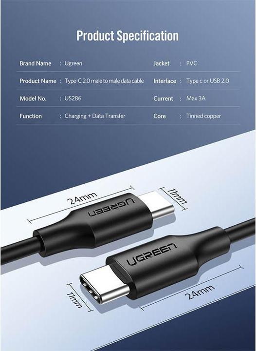 Actual product image Ugreen USB-C Power Delivery QC 3.0 20V 3A 60W (2 m, USB 2.0, 20 W)