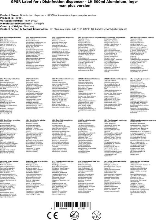Immagine prodotto Ophardt Distributore di disinfettante manuale a leva a braccio lungo 500ml