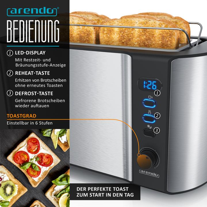 Produktbild Arendo Frühstücks Set, 4 Scheiben Langschlitz Toaster mit Brötchenaufsatz & Eierkocher für 7 Eier, Silber
