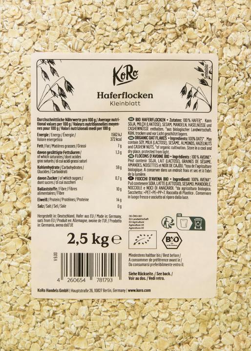 Nährwerte und Zutaten KoRo Bio Haferflocken (2500 g)