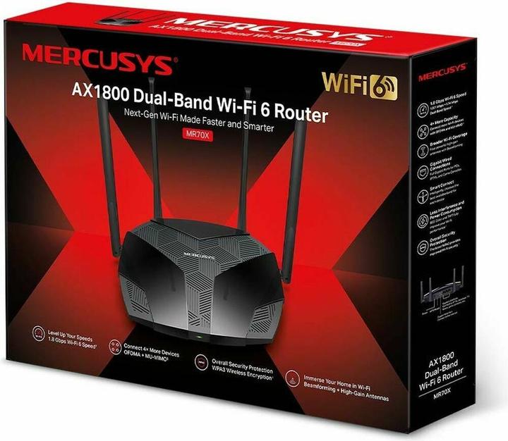Produktbild Mercusys ROUTER WIFI 6 AX1800 DB 1201MBPS + 574 MBPS 3P LAN 1P WAN 4 ANTENNE