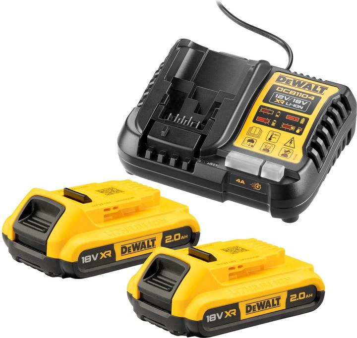 2 x DeWalt 18 V Li-Ion battery packs, 2.0 Ah, 1 x DeWalt DCB1104 charger