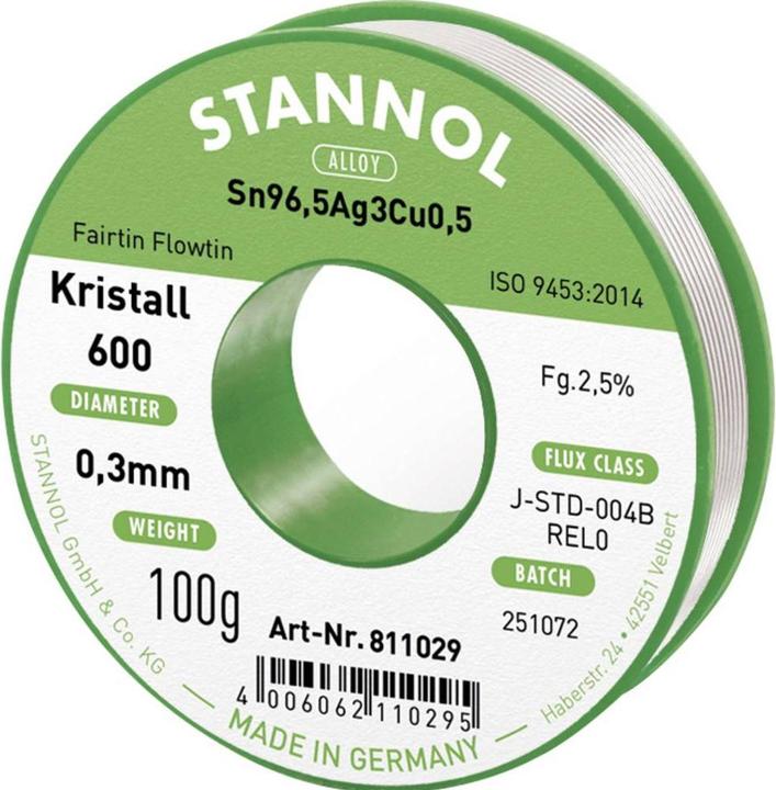 Image du produit Stannol Étain de soudure Kristall 600, sans plomb Bobine Sn99,3Cu0,7 REL0 100 g 0.3 mm (Kit de bobine de soudure)