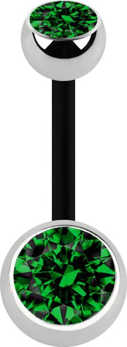 Star Piercing Banane schwarz mit zwei Kugeln silber Kristall grün (Bioflex, ohne Messing, Chirurgenstahl 316L)