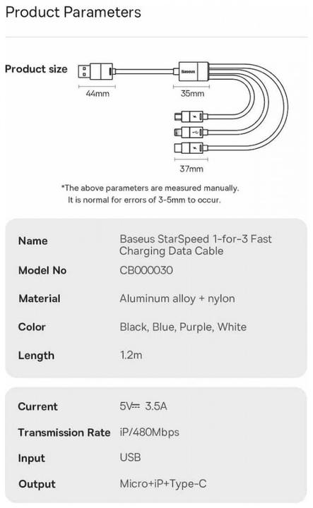 Actual product image Baseus 3in1 USB cable StarSpeed Series, USB-C + Micro + Lightning 3.5A, 1.2m (Blue) (1.20 m, USB 3.0)