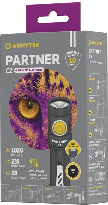 Actual product image ArmyTek Partner C2 Magnet USB Warm LED torch with belt clip, with holster battery-powered 1020l (12.35 cm, 1020 lm)