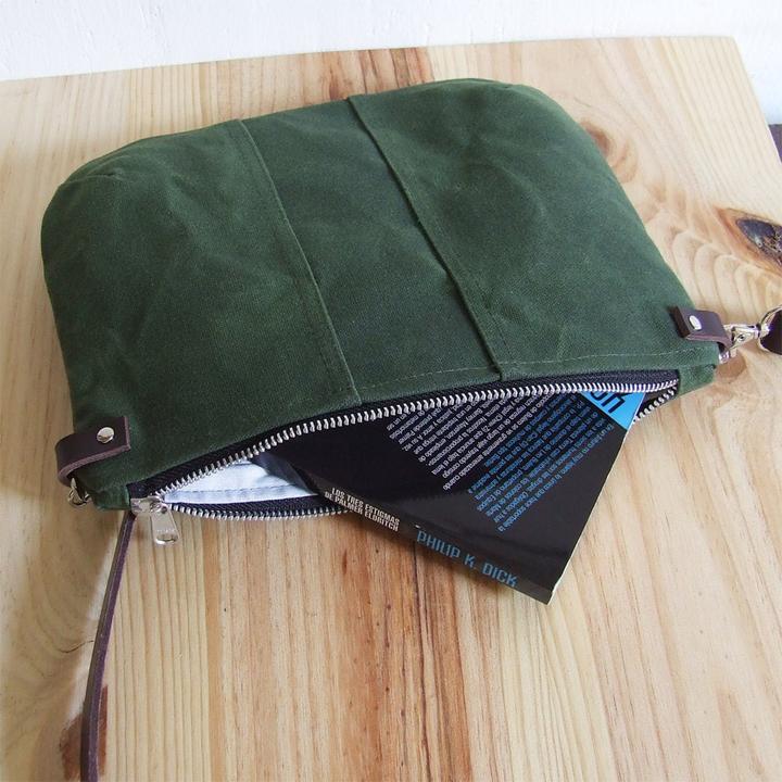 Actual product image Only-Bags.Store Small green waxed canvas cross-body bag with zip and leather strap