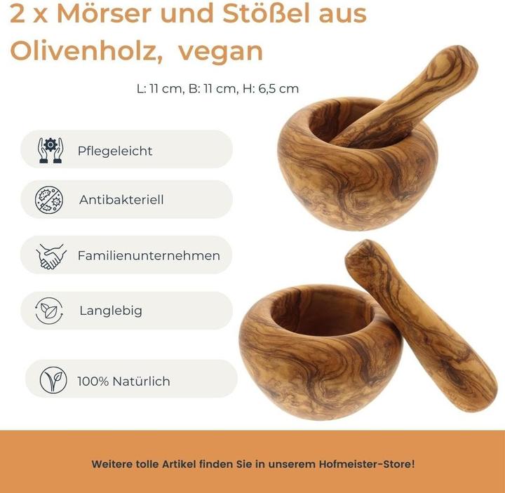 Produktbild Hofmeister Holzwaren 2x Mörser und Stössel aus Olivenholz