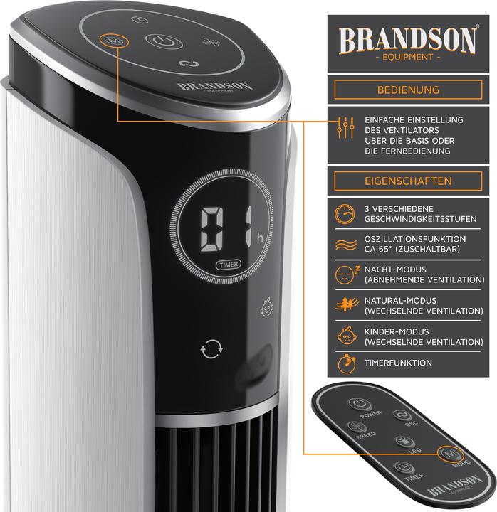 Produktbild Brandson Turmventilator, Fernbedienung, 10° neigbar, Oszillation, 4 Modi, Standventilator 108cm, weiss (52 dB)
