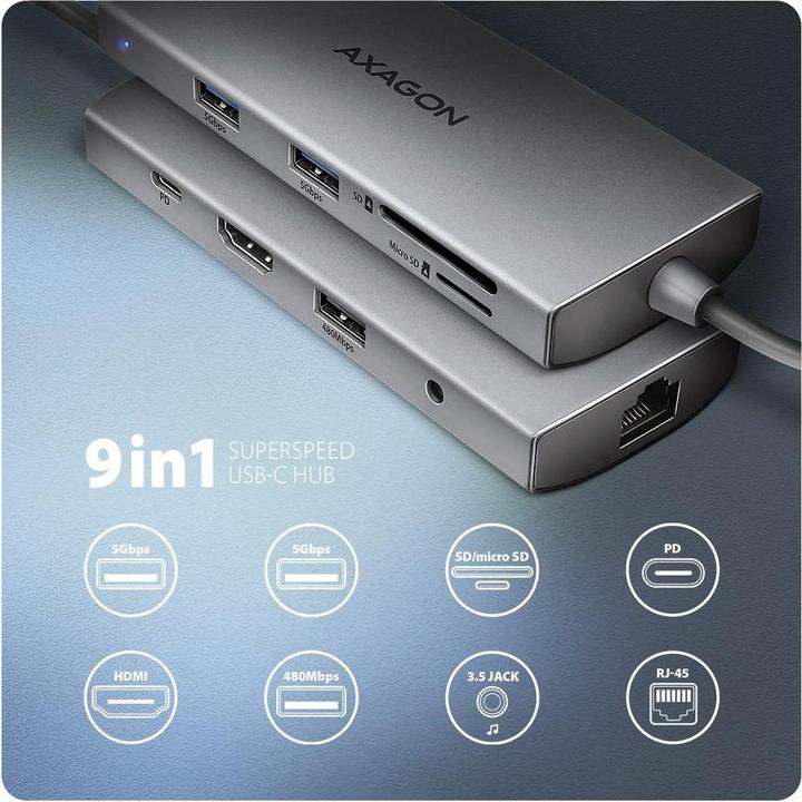 Actual product image Axagon HMC-8HLSA Wieloportowy hub USB-C 3.2 Gen 1 hub, 3x USB-A + 4K/30Hz HDMI + SD/microSD, GLAN, Audio (USB-C, 8 Ports)