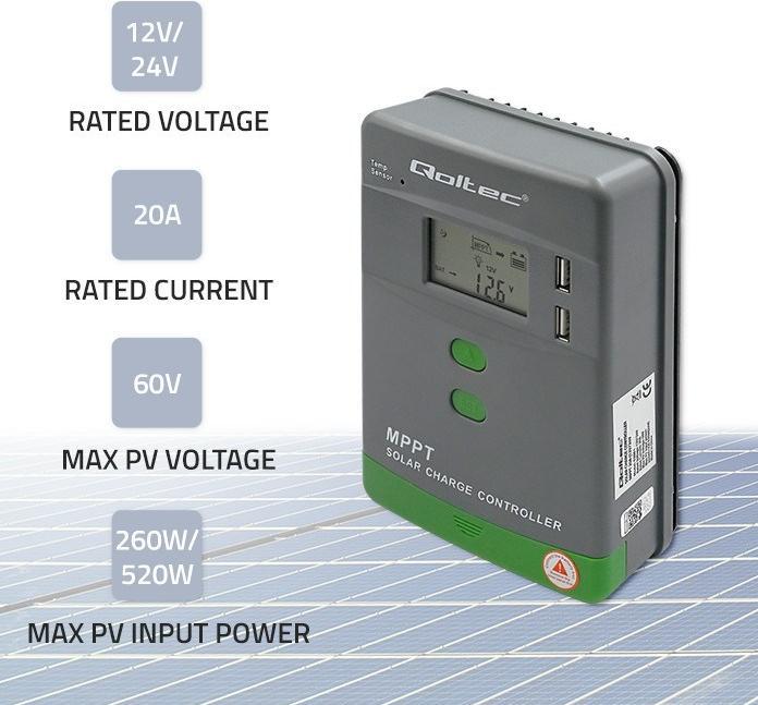 Produktbild Qoltec Solar MPPT Laderegler mit Temperatursensor 20A |12V/24V | LCD-Anzeige | 2 x USB