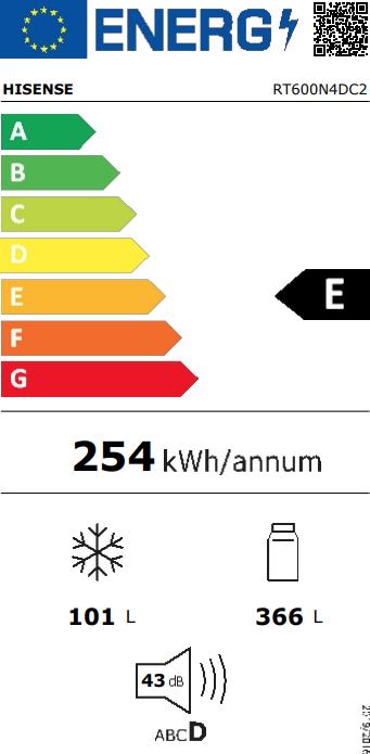 Etichetta energetica Hisense RT600N4DC2 frigorifero con congelatore Libera installazione 467 L E Acciaio inossidabile (467 l)