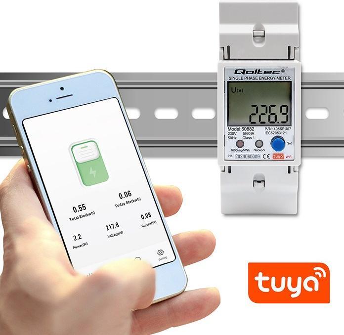 Actual product image Qoltec 50882 Single phase electronic energy consumption meter for DIN rail | Wi-Fi | TUYA | 230V | L