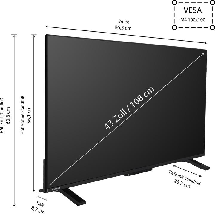 Produktbild Toshiba 43UV2363DG Fernseher 109,2 cm (43) 4K Ultra HD Smart-TV WLAN Schwarz 250 cd/m² (43", LED, 4K)