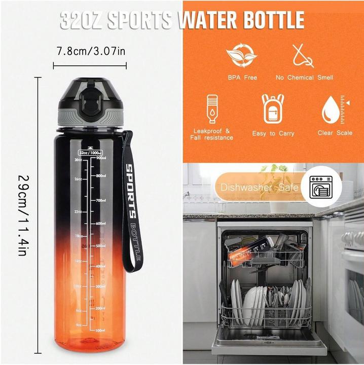 Image du produit ASMI Gourde transparente avec marqueur de temps, paille et brosse de nettoyage avec dégradé de couleurs (1 l)