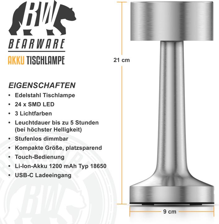 Produktbild Bearware LED Tischleuchte, dimmbar, kabellos, Akku, Touch, Nachttischlampe, Schreibtischlampe, Edelstahl