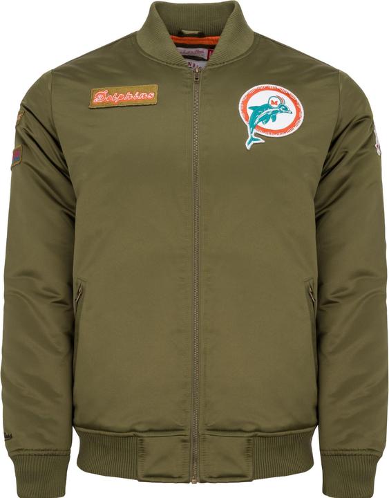 Mitchell & Ness M&N Satin Bomber Jacke - PATCHES Miami Dolphins oliv - L (L)