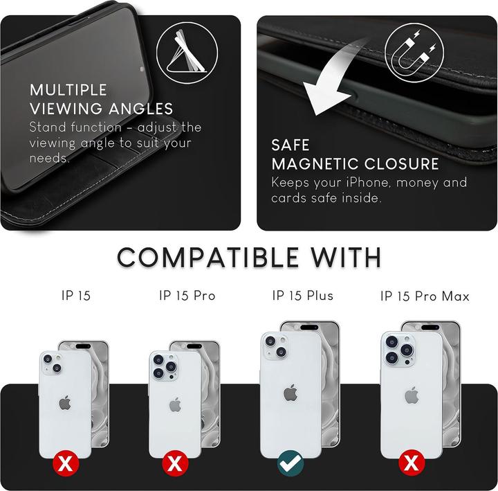 Produktbild Nalia Echt Leder Flip Case Hülle mit Magnetverschluss (Apple iPhone 15 Plus)