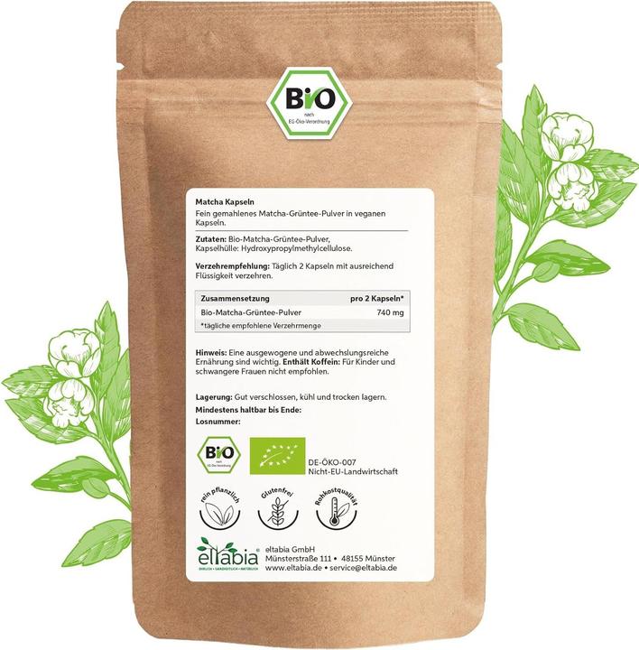 Produktbild Eltabia Bio Matcha Grüntee Extrakt Kapseln | 100% rein ohne Zusatzstoffe (100 Stück, Kapseln)