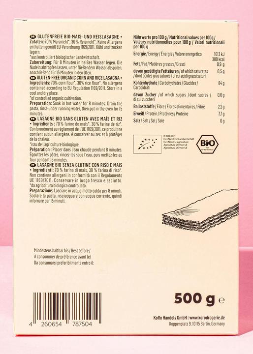 Actual product image KoRo Organic gluten-free lasagne made from corn and rice flour (500 g)