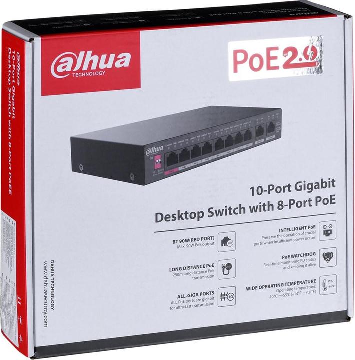 Actual product image Dahua Technology PoE DH-PFS3010-8GT-96 Unmanaged Gigabit Ethernet (10/100/1000) Power over Ethernet (10 Ports)
