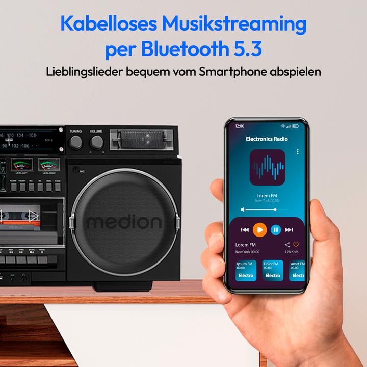 Produktbild Medion LIFE® P66538 Retro-Boombox DAB+/PLL-UKW Radio, Bluetooth® 5.3 für das Abspielen von Smartphone & Co (DAB+, FM, Bluetooth)