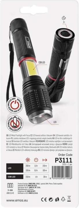 Actual product image Emos COB LED + LED Flashlight, 230 lm, 3x AAA, Focus (15 cm, 230 lm)