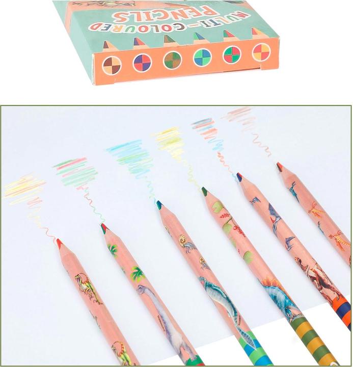Magni Depesche 12100 Dino World-Multicolor Buntstifte Set in Holz-Optik und Dinomotiven, 6 Dicke Stifte in (Mehrfarbig, 6 x)
