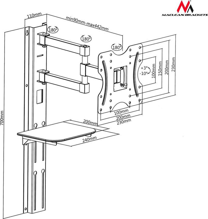 Produktbild Maclean MC-771 - VESA Monitor-/TV-Halter mit Ablage, 23-42", schwarz, 30 kg (Wand, 42", 30 kg)