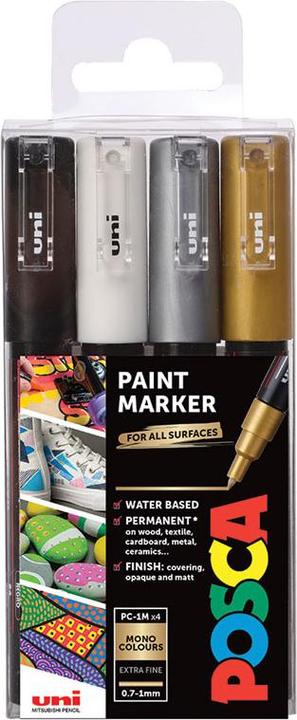 Posca Marker PC-1M Rundspitze (Weiss, Silber, Gold, Schwarz, 1 mm, 4 x)