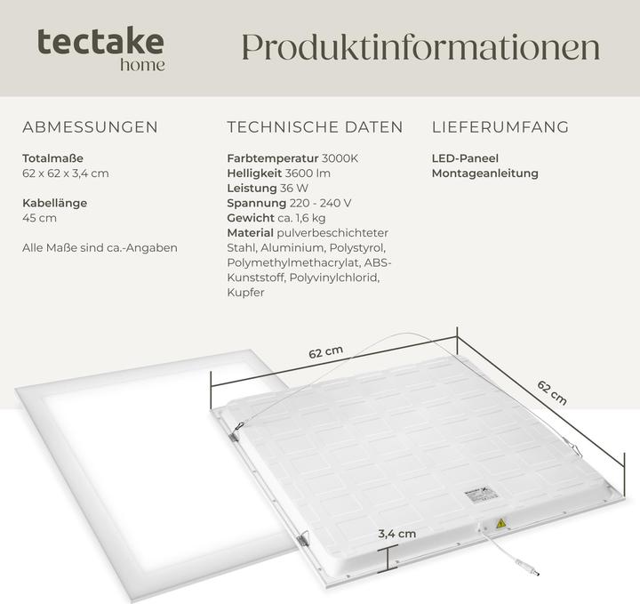 Actual product image tectake LED panel Lucerna, ultra-flat, warm white, energy-saving