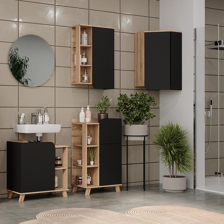 Image du produit Vicco Armoire d'angle suspendue Karen, anthracite/sonoma, 50 x 75 cm avec porte et compartiments ouverts