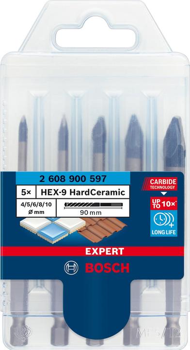 Bosch Professional Zubehör EXPERT HEX-9 HardCeramic Bohrer-Set, 4/5/6/8/10 mm, 5-tlg. (5 mm, 4 mm, 6 mm, 8 mm, 10 mm)