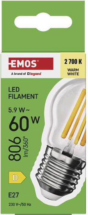 Immagine prodotto Emos Lampada LED Filament Mini Globe / E27 / 5,9 W (60 W) / 806 lm / Bianco caldo (E27, 5.90 W, 806 lm, 1 x, D)