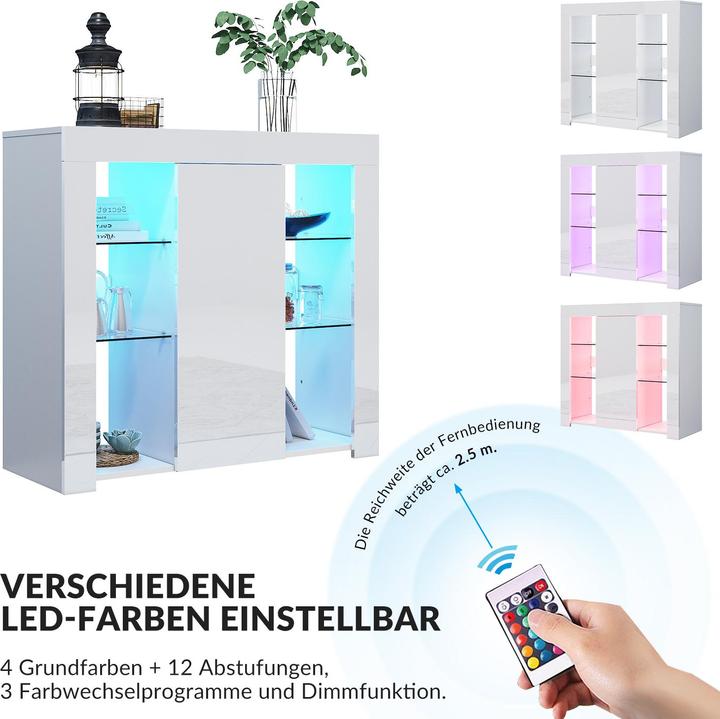 Immagine prodotto SONNI Credenza, mobile da cucina con illuminazione a LED (regolabile in 12 colori), bianco, lucido, sto
