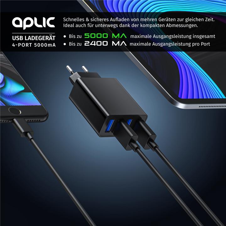 Produktbild Aplic USB Ladegerät 5000 mA, 4 Port Netzteil für Handy, Tablet uvm. 5000mA 2,4A Max. je Port, 25W, schwarz (25 W)