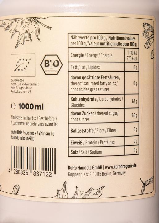 Nutritional values and ingredients KoRo Organic maple syrup (1000 g)