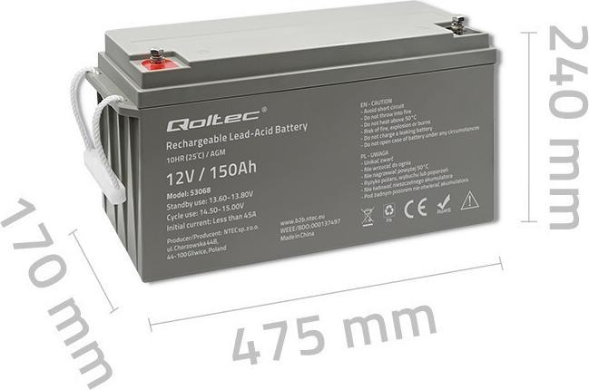 Actual product image Qoltec AGM battery | 12V | 150Ah | max. 2250A (12 V, 150 Ah)