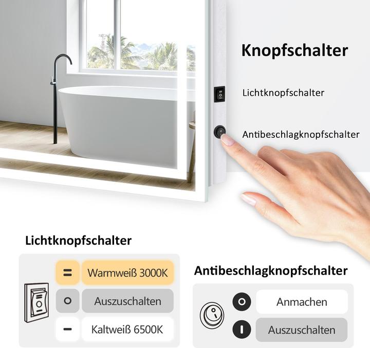 Produktbild Emke Badezimmerspiegel mit Beleuchtung 80*60cm,Beschlagfrei, 3000K/6500K,Tast Schalter