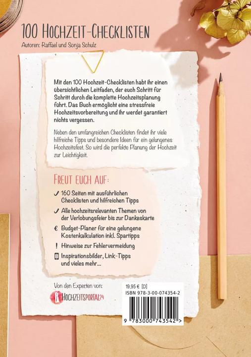 Immagine prodotto 100 Hochzeit-Checklisten: Das ultimative Buch für die stressfreie Hochzeitsplanung (Tedesco, Raffael Schulz, Sonja Schulz, 2023)
