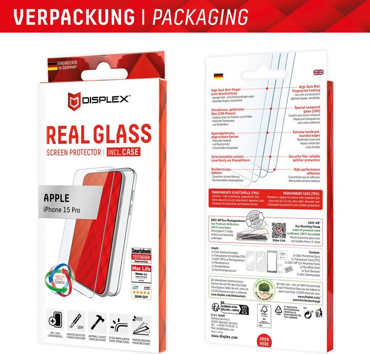 Produktbild Displex Real Glass, 2D Panzerglas + Handyhülle (1 Stück, Apple iPhone 15 Pro)