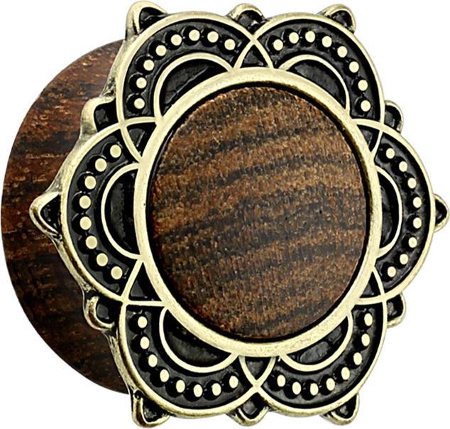 Actual product image Star Piercing Sono wood flared plug with tribal shield lotus flower (Organic, Brass)