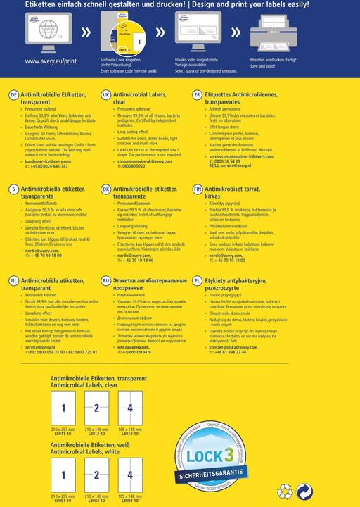 Valeurs nutritives et ingrédients Avery AVZ L8011-10 Étiquettes antimicrobiennes 210x297mm transparent