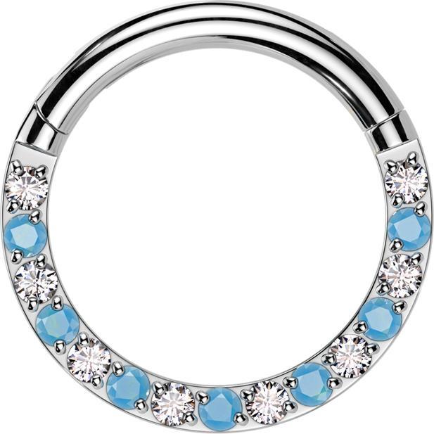Produktbild Star Piercing Micro Segmentring klappbar silber front Kristalle silber mit Türkis Steinen (ohne Messing, Titan G23)