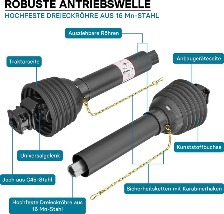 Immagine prodotto Wiltec Trasmissione Arbre T8 Cardan 850-1105mm 1240Nm 540 tr/min 110kW (150CV) 2x 1 3/8" 6 Ammaccature (Accessori per trattori)
