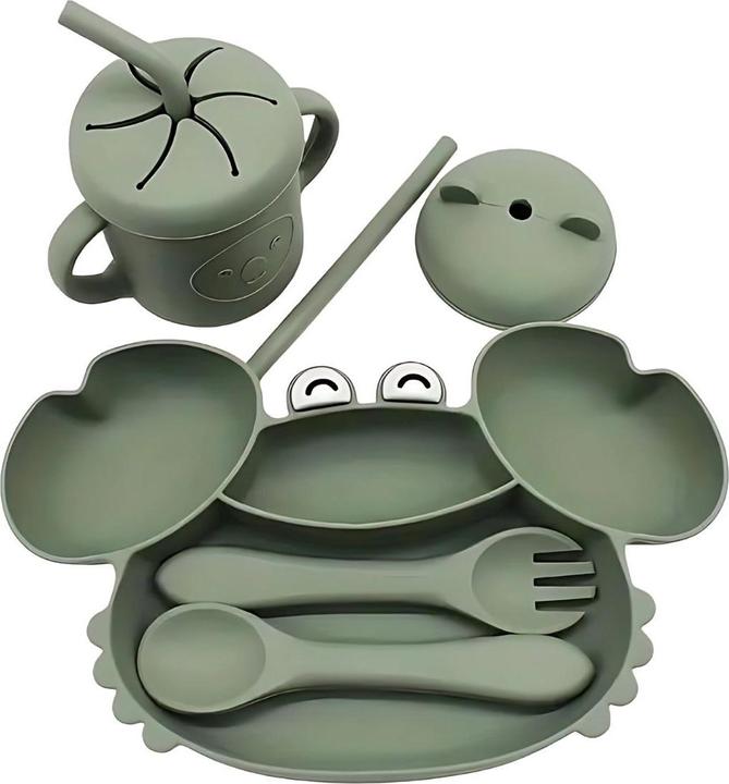 Immagine prodotto Milkii 5-teiliges Silikon-Fütterungsset - Teller, Becher und Besteck, Khaki