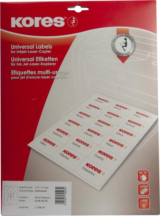 Image du produit Kores Étiquettes pour CD/DVD, diamètre : 117 mm, blancá