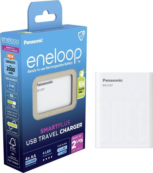 Produktbild Panasonic eneloop Smart Plus USB Travel Charger BQ-CC87 (4 Stk., AA, AAA, 2000 mAh, Ladegerät inkl. Akku)